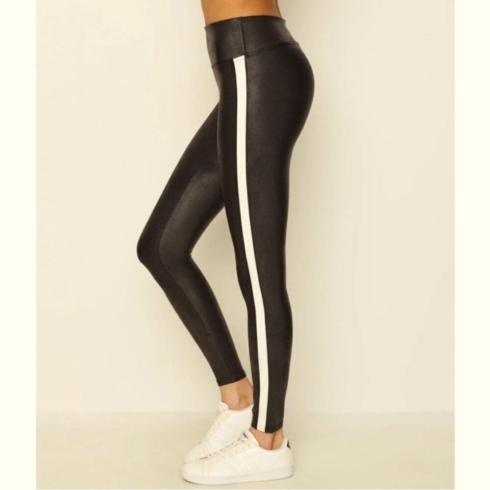 Spanx Faux Leather Leggings Track Stripe Size small Black High Rise 201…